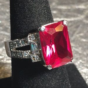 Red-Rose Solitaire + 🔹s on Silver Ring, sz 7-7.5